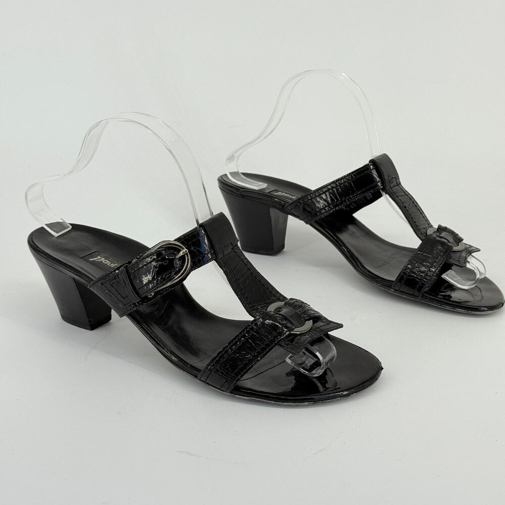 90s Paul Green Women Sandal Size 9.5 Black Patent Leather Heel Handmade Austria